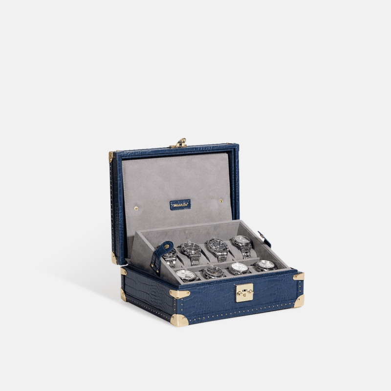 Blue 8 Piece Watch Box Crocodile Print Leather Case Series