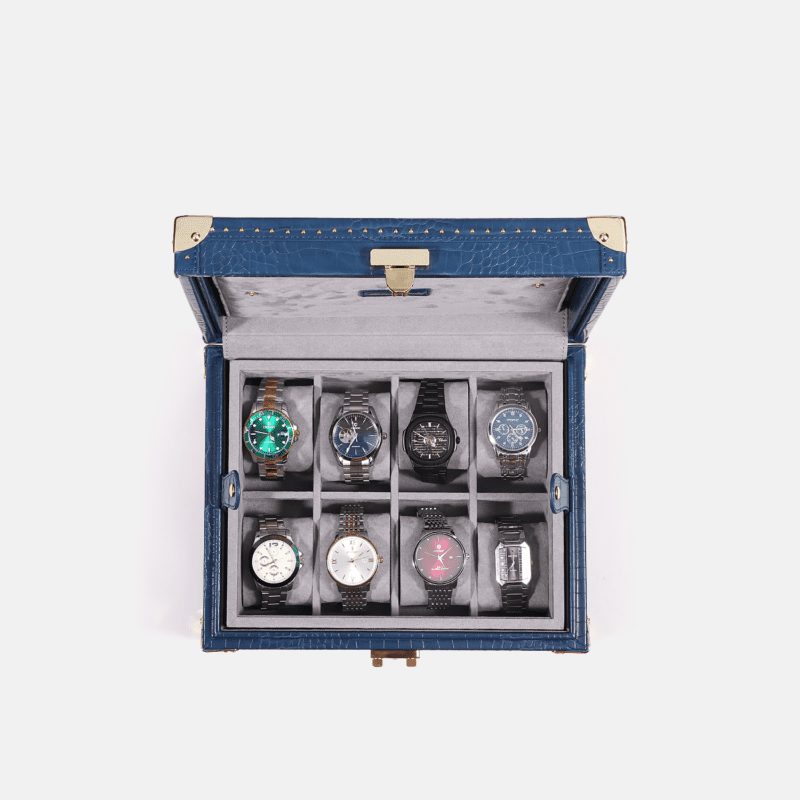 Blue 8 Piece Watch Box Crocodile Print Leather Case Series