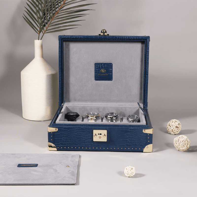 Blue 8 Piece Watch Box Crocodile Print Leather Case Series