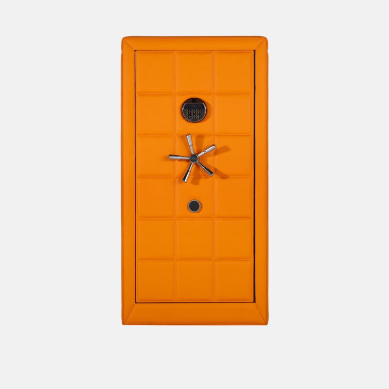 WS0131-01001 (1) 8-Rotor Bio-metric Watch Winder Safe in Quilted Orange Microfiber Leather