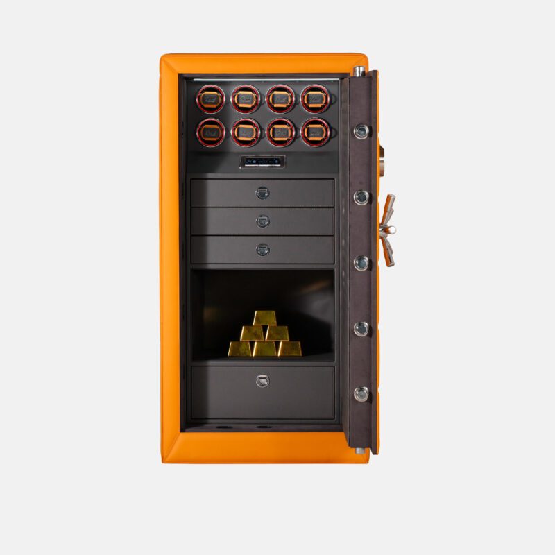 WS0131-01001 (2) 8-Rotor Bio-metric Watch Winder Safe in Quilted Orange Microfiber Leather
