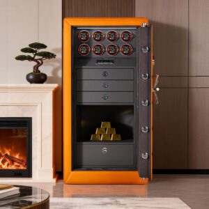 WS0131-01001 (5) 8-Rotor Bio-metric Watch Winder Safe in Quilted Orange Microfiber Leather