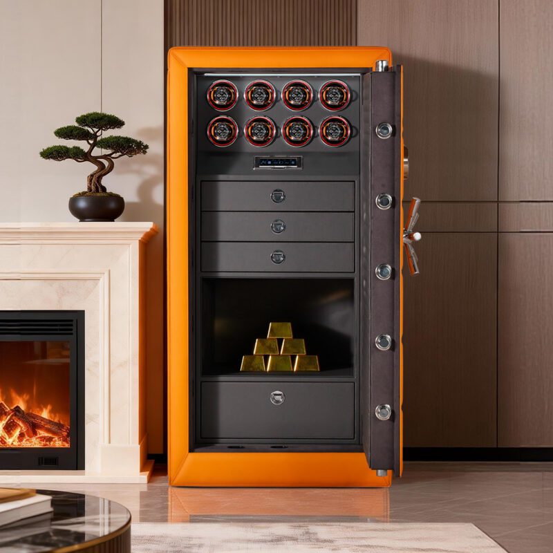 WS0131-01001 (5) 8-Rotor Bio-metric Watch Winder Safe in Quilted Orange Microfiber Leather
