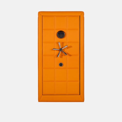 WS0131-01001 (1) 8-Rotor Bio-metric Watch Winder Safe in Quilted Orange Microfiber Leather