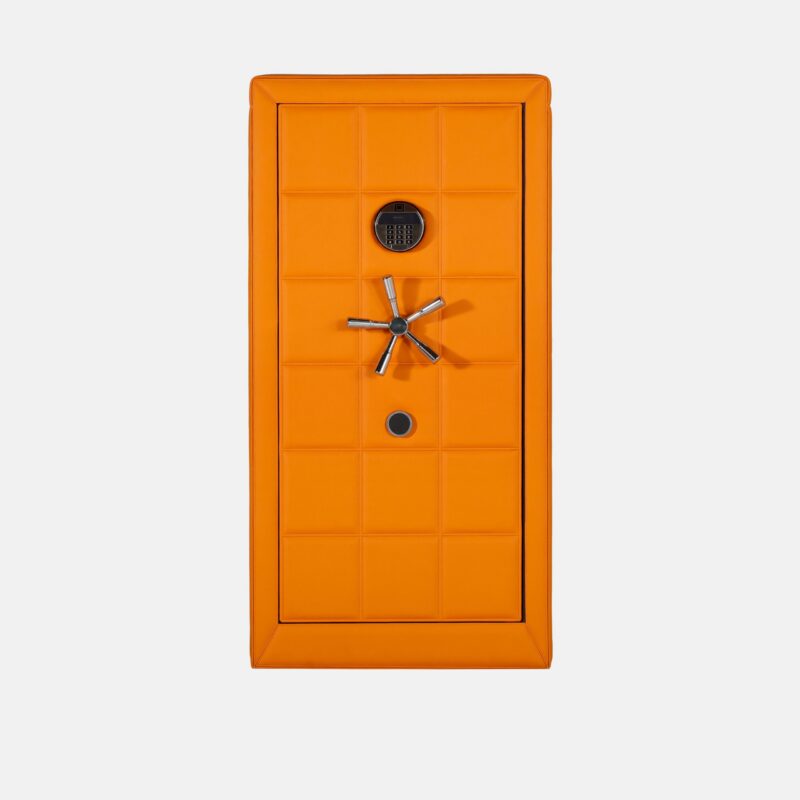 WS0131-01001 (1) 8-Rotor Bio-metric Watch Winder Safe in Quilted Orange Microfiber Leather