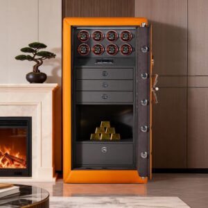 WS0131-01001 (5) 8-Rotor Bio-metric Watch Winder Safe in Quilted Orange Microfiber Leather
